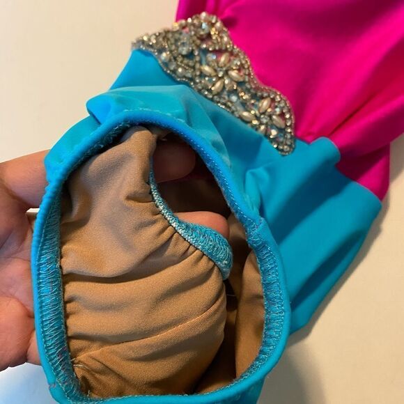Custom rhinestoned dance costume hot pink Aqua blue leotard child S - Picture 8 of 11